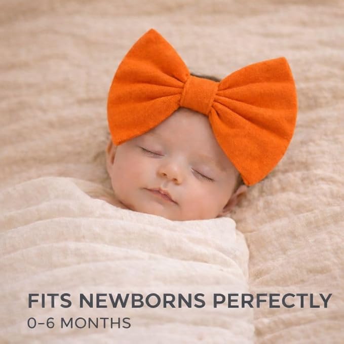 Newborn Baby Girl Headband 0–6 Months – Soft Cotton Big Bow Headband for Infants, Stretchy Baby Hair Band, 4.3" (11 cm) Bow, 2.4" (6 cm) Band (Orange, 0-6 Month)