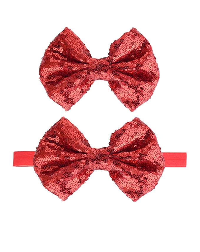 Baby Christmas Sequins Headband Bow Red Green Glitter Sequins Bow Christmas Hair Band Bow BHC03 (Red Set)