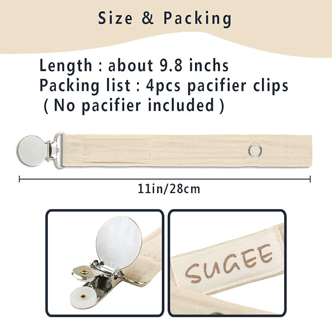 Baby Pacifier Clip Leash Holder Unisex for 4 Pack Gift Set with Neutral Solid Colors ;Soft Linen Pacifier Clips ; Fabric Pacifier Strap with Clip Keeps Pacifiers & Teethers in Place