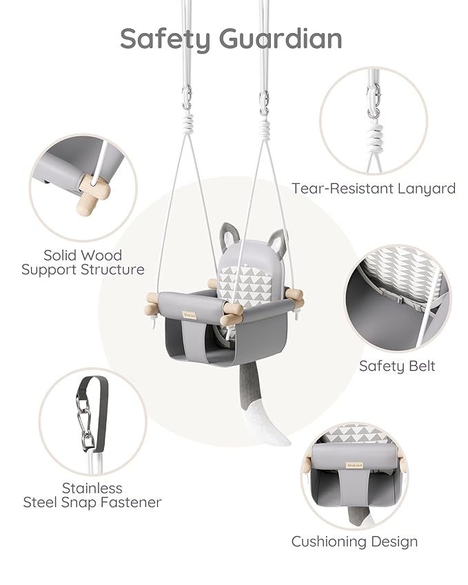 Wooden Hanging Baby Swing with Soft Safety Belt, Cozy Infant Swing Seat for Indoor & Outdoor Use, Adjustable Height, Includes Mounting Hardware – Suitable for Babies & Toddlers（Fox-Themed in Gray
