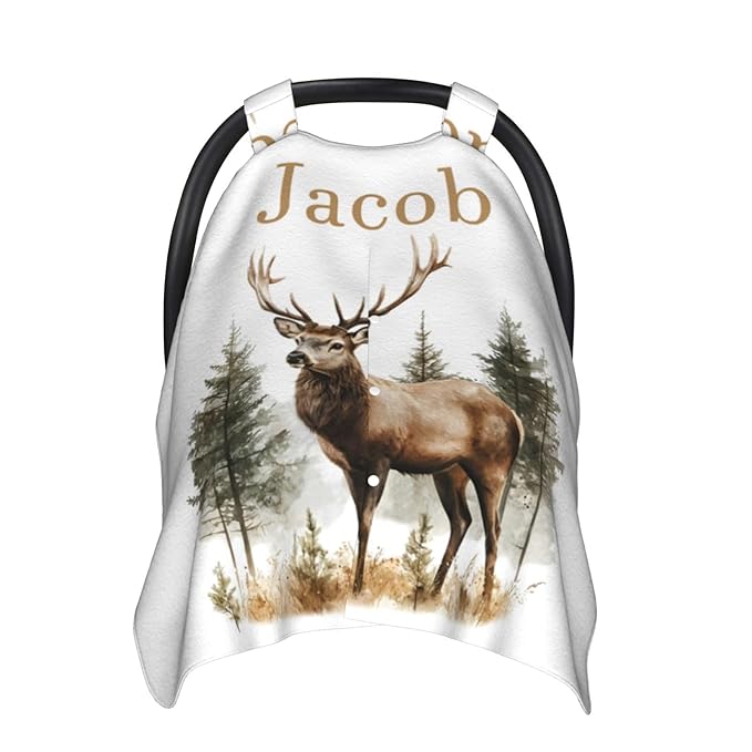 Personalized Baby Car Seat Canopy with Name – Custom Woodland Deer Minky Nursing Cover for Boys & Girls, Soft Stroller Cover for Infants & Newborns, Carseat Canopy for Breastfeeding