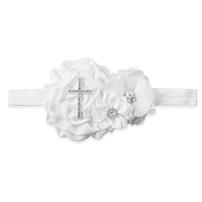 2 Pcs Baby Girls Baptism Christening Headbands Newborn Infant Toddlers Flower Crown Lace Bow Hairband (Cross Rhinestone)