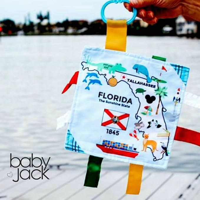 Baby Jack & Co 8x8” Learning Lovey Florida State Tag Stroller Toy for Babies - Crinkle Toys for Developing Five Senses - Learn About Capitals - Travel with Baby Jack - BPA Free Clip