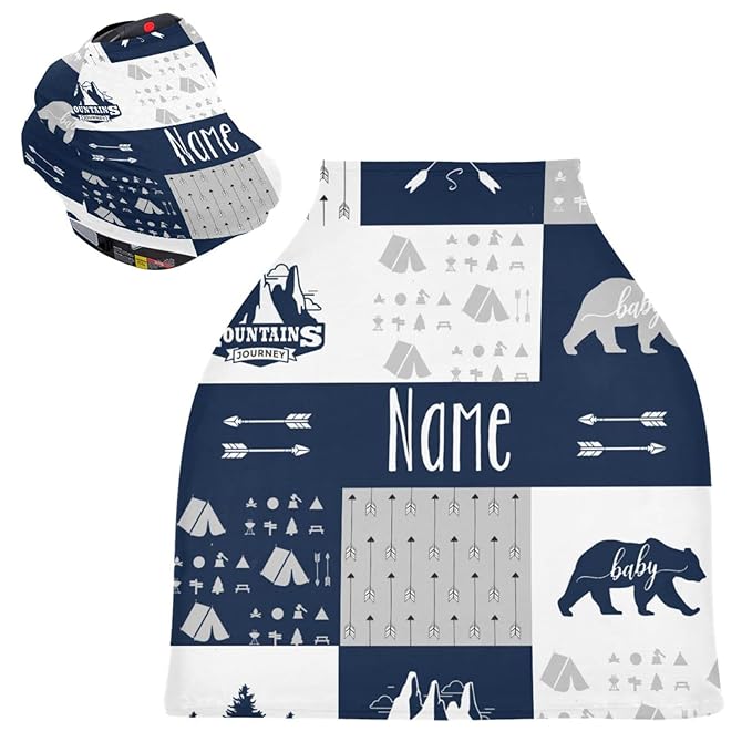 Personalized Woodland Bear Baby Car Seat Covers with Name, Custom Nursing Cover Breastfeeding Scarf for Babies, Carseat Canopy for Boys, Infant Stroller Cover, Multiuse Carseat Cover
