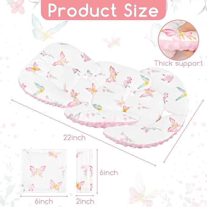 Infant Car Seat Insert for Newborn Girls Boys, Reversible Baby Carseat Head Support with Strap Pads, Soft Baby Car Seat Insert Cushion Pad for Stroller, Bouncer, Swing, High Chair, Pink Butterfly
