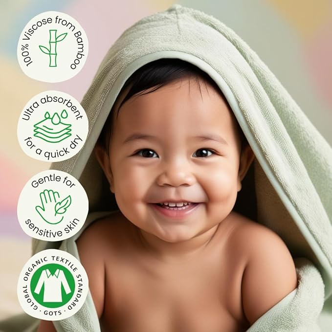Baby Bath Towel with Hood and Washcloth Set, 100% Organic Rayon Made from Bamboo, Hypoallergenic, Silky Soft and Absorbent, Large Size of 35" x 35" & 10" x 10" Baby Essential, Lemon