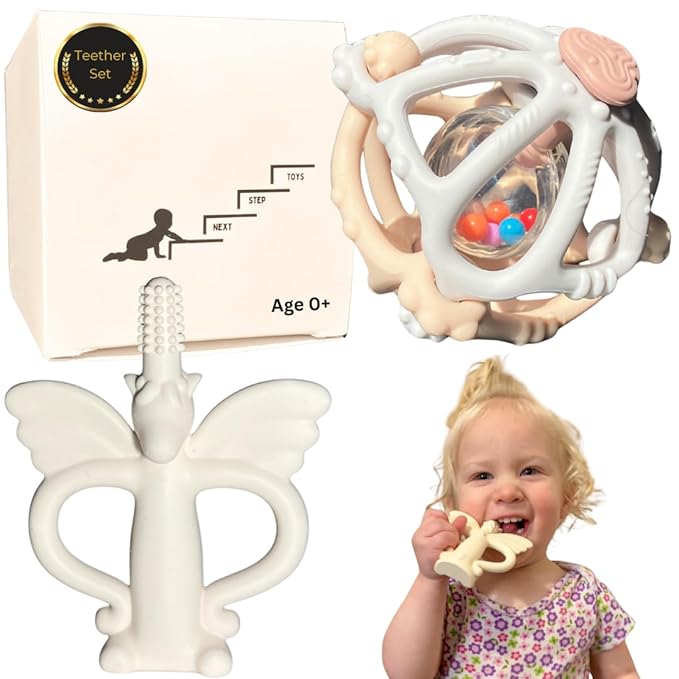 Silicone Teething Toys & Baby Sensory Toys | Rattle Ball & Unicorn Teether Set | Infant Teething Ball & Chew Toy for Babies | Teeth Tamer Car Seat & Crib Toys | Essential Baby Toys 0-36 Months