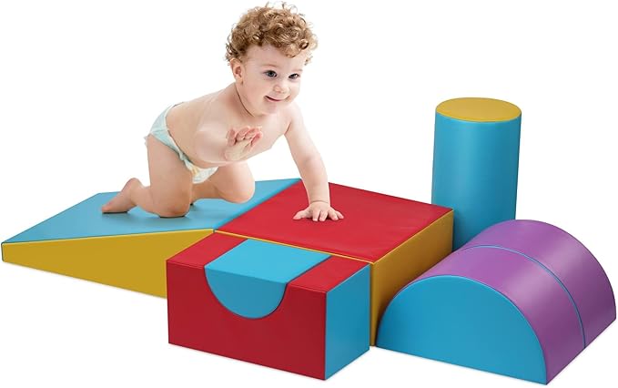 Toddler Climbing Toys Indoor, 5-Piece Foam Baby Climbing Blocks, Soft Play Climbing Set for 1-3 Years Old, Modular Crawling & Sliding Equipment, Waterproof Easy to Clean (red)