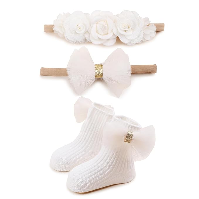 cherrboll Baby Girl Headbands and Socks Set, 3Pcs Soft Floral Hairbands Hair Bows Knit Socks for Newborn Infants Toddlers Photography Props Gifts