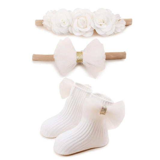 cherrboll Baby Girl Headbands and Socks Set, 3Pcs Soft Floral Hairbands Hair Bows Knit Socks for Newborn Infants Toddlers Photography Props Gifts