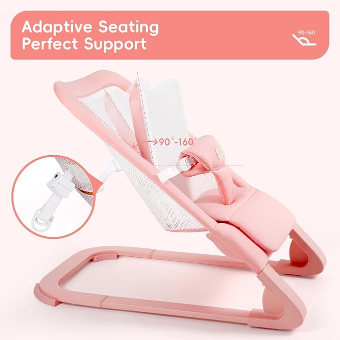 Baby Bouncer for Newborns 0-12 Months: 0-5 Years Portable Infant Girl Bouncer Seat Chair in Pink with Adjustable Recline & 3-Point Harness, Supports Up to 60 lbs
