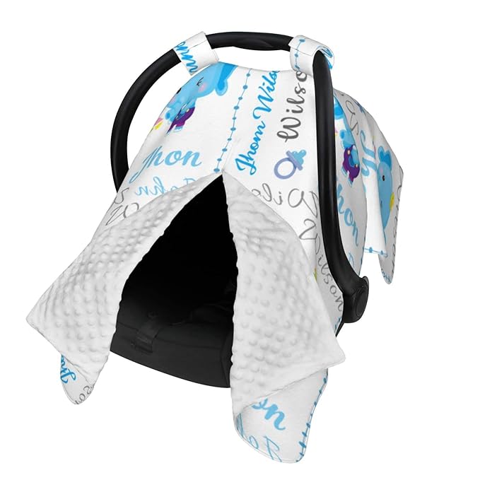 Personalized Cute Elephants Baby Car Seats Canopy for Babies with Name, Custom Monogram Car Seat Cover for Boys Girls, Opening Minky Nursing Breastfeeding Cover Infant Carseat Canopies for Newborn