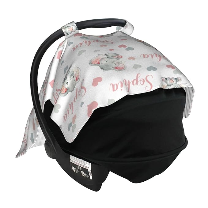 Personalized Cute Elephant Baby Car Seat Canopy for Babies with Name, Custom Car Seat Covers for Girls, Peekaboo Opening Minky Nursing Breastfeeding Cover Infant Car Seat Canopies for Newborn