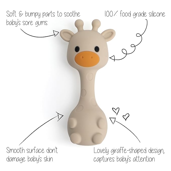 Silicone Little Giraffe Shaker Rattle Toy for Babies | Food Grade Silicone Teether | Easy to Grip | BPA Free (Olive Green)