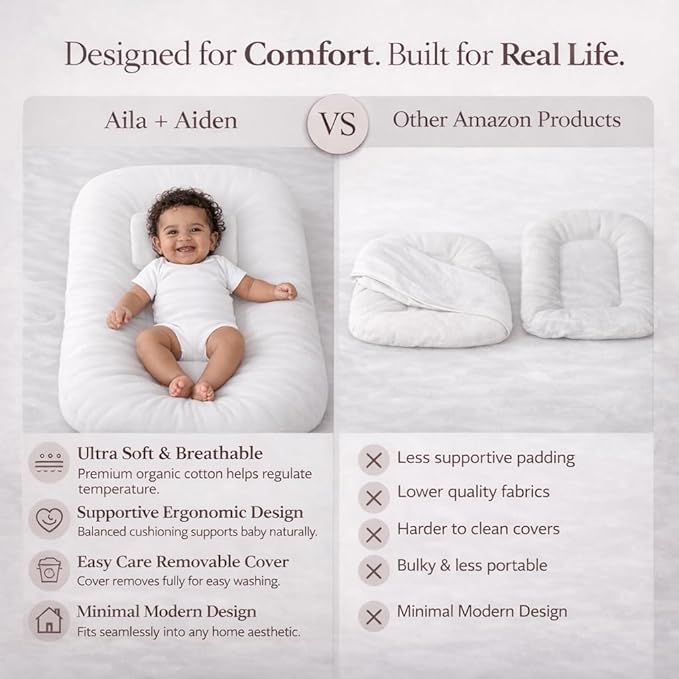 Aila + Aiden Baby Lounger | Organic Cotton Infant Lounger | Adjustable & Portable Floor Lounger |Supervised Use | Soft, Breathable, Washable Cover - Snuggle Collection - (White)