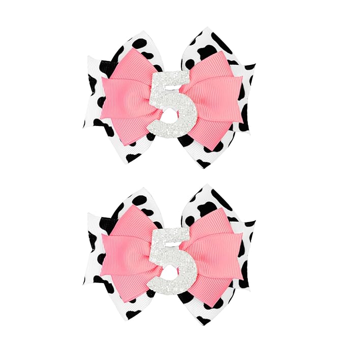 Cow Print Birthday Bow Hair Clip, Pink Farm Animal Theme 5 Year Old Hair Bow Clip Accessory for Toddler Girls Party Baby Shower Decor