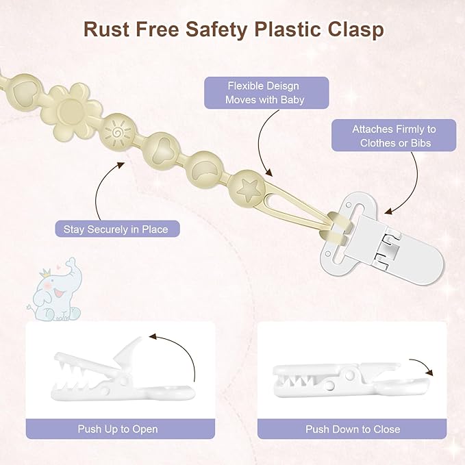 Silicone Pacifier Clip Holder with One-Piece Beads, 4 Packs Soft Flexible and Rust-Free Binky Pacifiers Clips for Teething Relief Baby Essentials Accessories, Safe for Boy and Girl