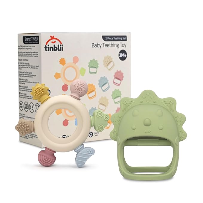 Baby Teething Toys 2 Pack, Dinosaur Mitten Teether and Ring Sun Teether with 6 Chewing Points, Silicone Chew Toys for Infants 0-6 6-12 Months, BPA Free Soothing Gum Relief Set (Green)