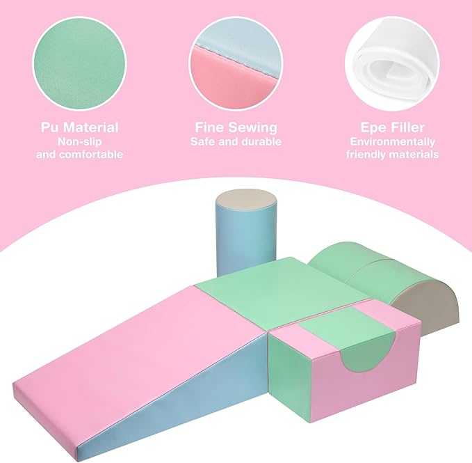 Toddler Climbing Toys Indoor, 5-Piece Foam Baby Climbing Blocks, Soft Play Climbing Set for 1-3 Years Old, Modular Crawling & Sliding Equipment, Waterproof Easy to Clean (Pink)