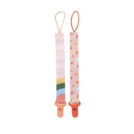 Nuby Pacifinder Baby Pacifier Clip - (2-Pack) - Pacifier Holder Clip with Convenient Hook Loop - Peach Stripes and Hearts