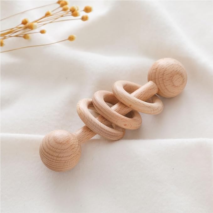 Chriswell Wooden Baby Rattle, Newborn Wooden Rattle Toy, Natural Wooden Montessori Baby Grip 3 Ring Toy, Baby Gift Toy, Wood Rattle-1