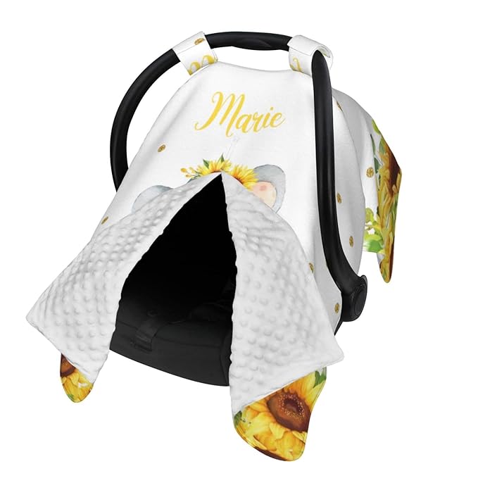 Personalized Baby Car Seat Canopy for Babies, Custom Name Car Seat Covers for Baby Girl, Sunflower Elephant Opening Minky Nursing Breastfeeding Cover for Infant, Carseat Canopies for Newborn