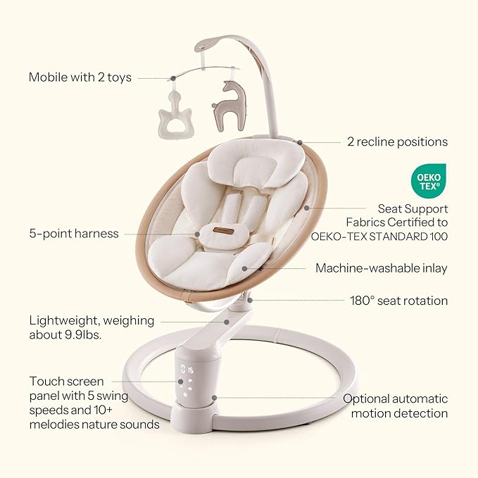 HARPPA Weddell Signature Baby Electric Swing for Newborns and Infants, Elevated Eye-Level Seat, 180° Rotation with Dual Motion, 5-Point Harness, 5 Speeds & Remote Control, Beige