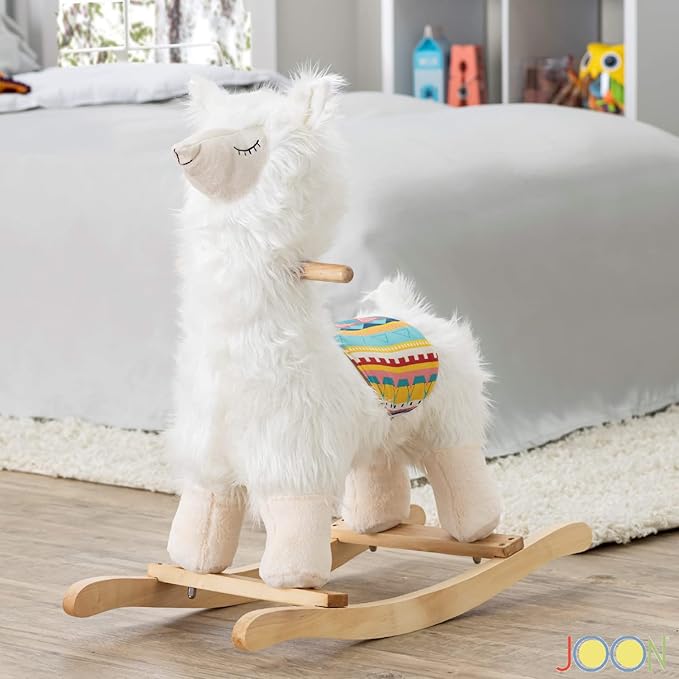 LOLA Rocking Horse Llama by JOON, Great for Toddler Development, Incredibly Soft Shaggy Fur, Safe Rocker with Sturdy Wooden Handles & Base, Boost Imagination & Creativity with Lullaby Sounds, White