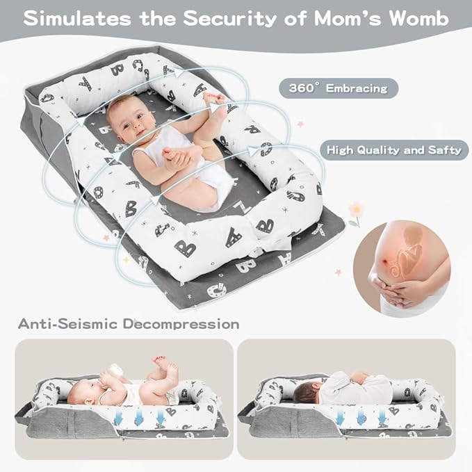Baby Lounger 0-24 Months for Newborn to Toddler - Portable Baby Lounger for Travel with Cotton Infant Nest, Adjustable Safety Bumper & Baby Lounger Pillow - Letter Grey