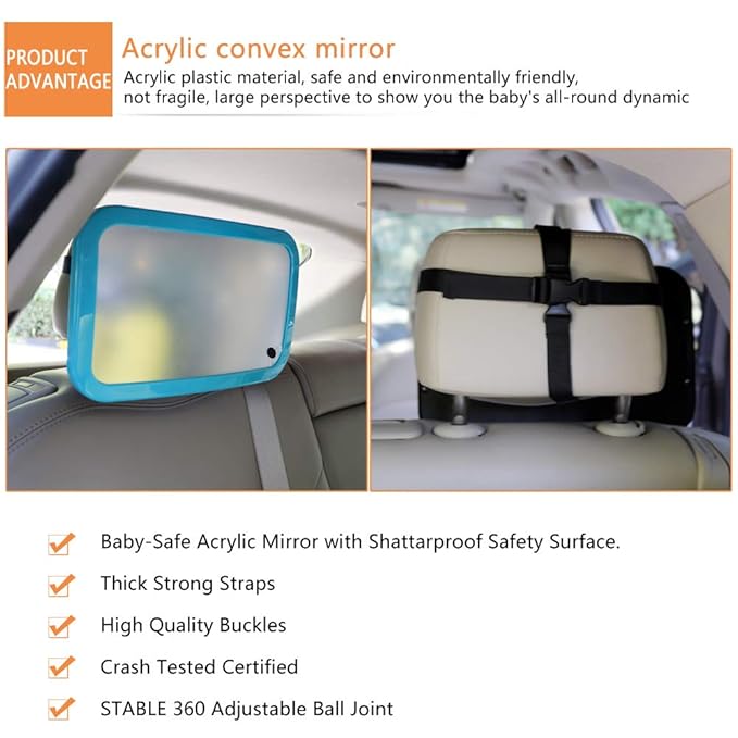 Baby Mirror for Car - Safety Car Seat Mirror for Rear Facing Infant with Wide Crystal Clear View - Adjustable Acrylic 360°for Backseat - Safe, Secure and Shatterproof (Blue)