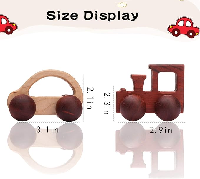 Promise Babe 2pc Wooden Rattle Organic Wooden Cars Push Car Toys Montessori Educational Natural Wood Toys Inspired Baby Newborn Perfect Shower Gift