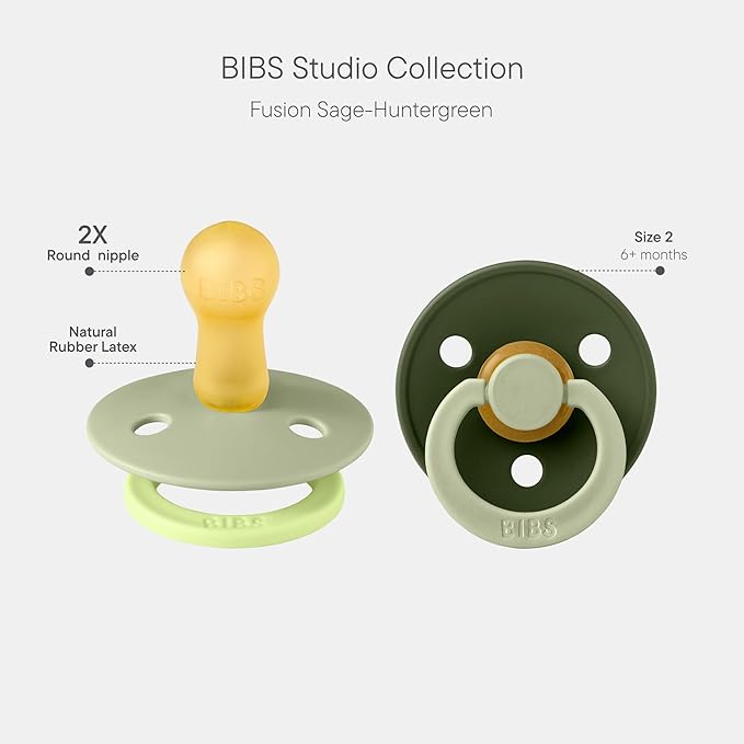 BIBS Colour Studio Pacifier 2-Pack, BPA Free, Round Nipple. Natural Rubber Latex, Made in Denmark, Size 2 (6-18 Months) - Sage/Huntergreen