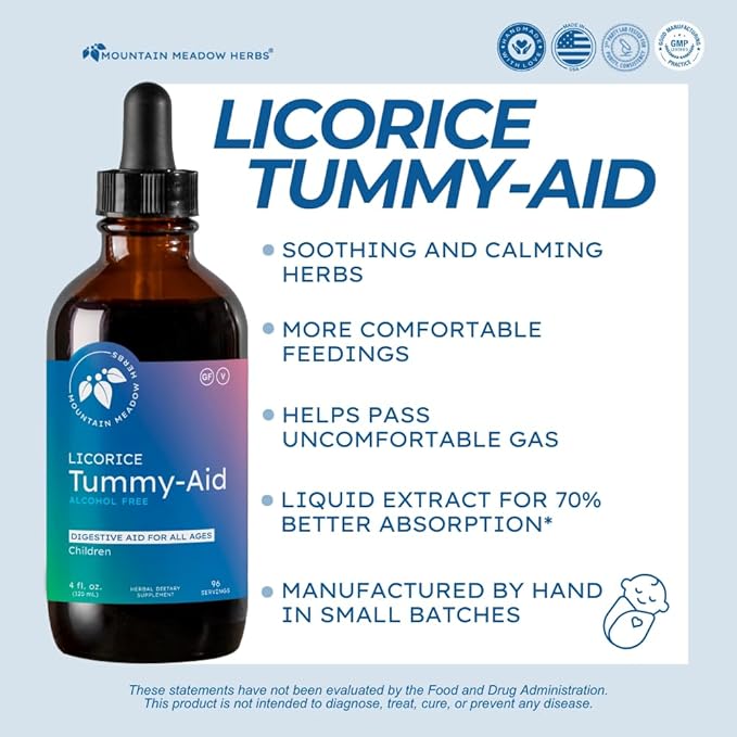 Mountain Meadow Herbs Licorice Tummy-Aid for Babies & Kids – Gas Relief Drops for Colic, Upset Stomach, Reflux & Bloating – Natural, Alcohol-Free Liquid Formula – 4 oz