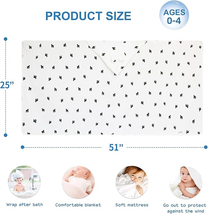 Hooded Towel Muslin Hooded Towel Made from Organic Cotton 6-Layer Cotton Bath Towel, Soft Bath Towels 25x51inches for Toddler Baby Kids Cactus
