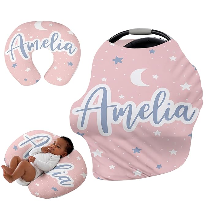 Custom Car Seat Covers for Babies - Breathable Baby Car Seat Cover for Girls Boys, Pink Moon Kick-Proof Newborn Carrier Canopy Stretchy Stroller Cover for 4 Seasons