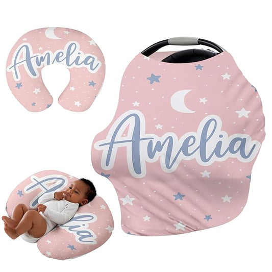 Custom Car Seat Covers for Babies - Breathable Baby Car Seat Cover for Girls Boys, Pink Moon Kick-Proof Newborn Carrier Canopy Stretchy Stroller Cover for 4 Seasons