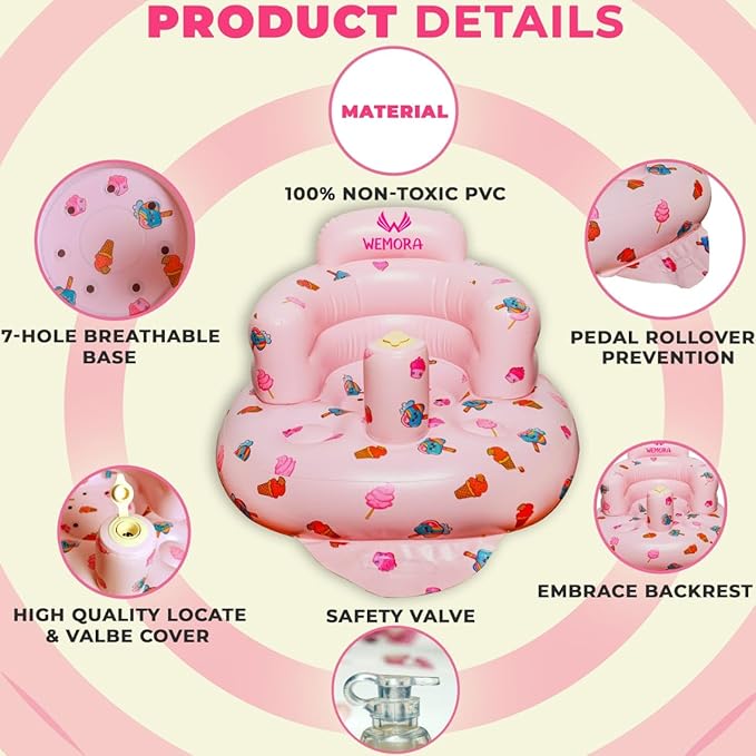 Inflatable Baby Seat for Babies 3-36 Months Blow Up Chair for Babies Infants Toddler Floor Sitting Up with Built in Air Pump (Pink, Ice Cream)