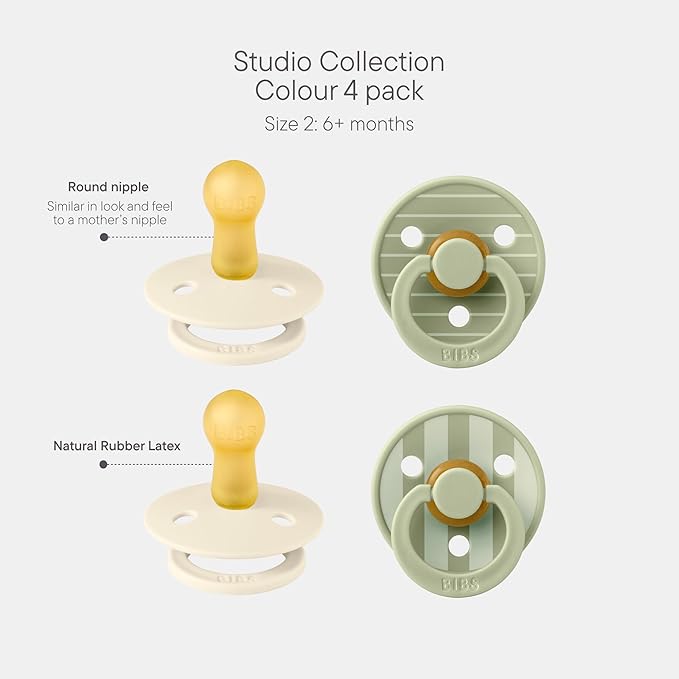 BIBS Studio Pacifier 4-Pack, BPA Free Pacifiers, Round Nipple. Natural Rubber Latex, Made in Denmark, Size 2 (6-18 Months), Ivory/Sage