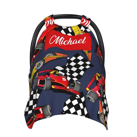 Custom Baby Car Seat Canopy for Babies with Name, Personalized Racing Baby Car Seats Covers for Boys, Opening Minky Nursing Breastfeeding Stroller Cover Infant Carseat Canopies for Newborn