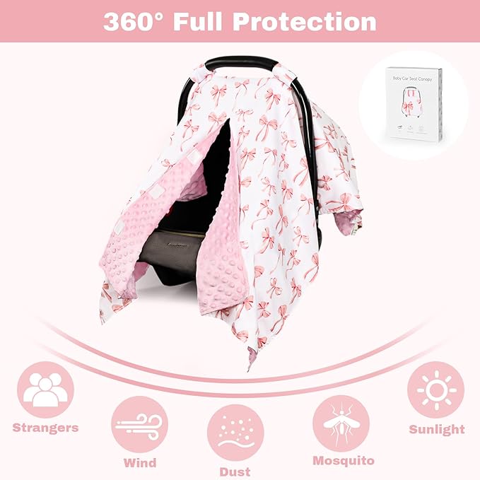 Baby Car Seat Cover, Minky Carseat Cover Baby Girl, Peekaboo Opening Infant Car Seat Cover, Warm Baby Car Seat Canopy for Winter, Pink Bow