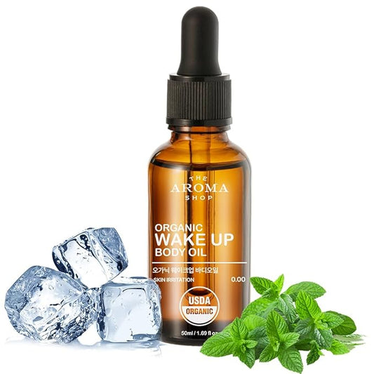 USDA Certified Organic Wake Up Body Oil with Peppermint, Lemon, Lavender & Jojoba Oil - Cool Moisturizing, Lightweight & Non-Sticky - Strengthens Skin Barrier - 1.69 fl oz (50 ml)