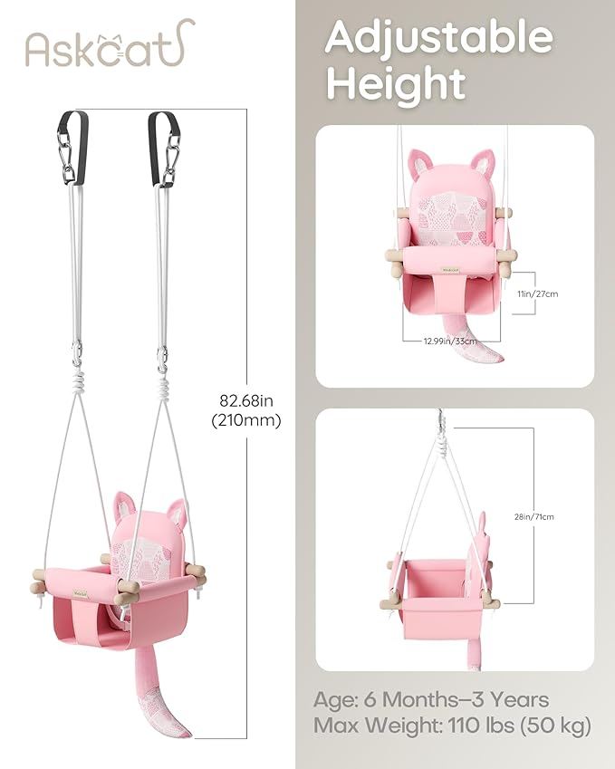 Wooden Baby Swing with Safety Belt - Adjustable Infant & Toddler Swings for Indoor/Outdoor Use, Includes Mounting Hardware (Fox Design, Pink)