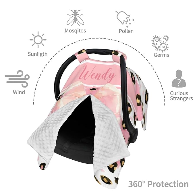 Personalized Baby Car Seat Canopy with Name, Leopard Infant Car Seat Cover, Nursing & Breastfeeding Stroller Cover, Newborn Shower Gift for Baby Girls