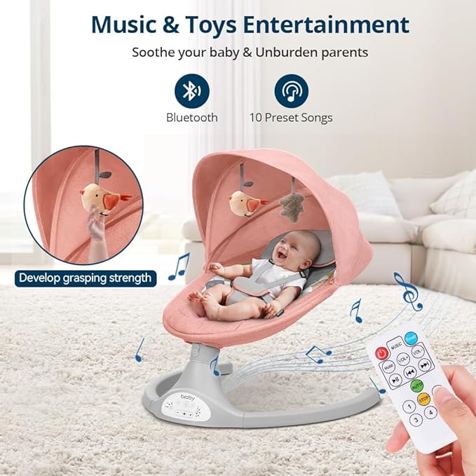 Bioby Baby Swing for Infants with 5 Natural Sway Speeds, Portable Bt Music Baby Swing with Remote Control & 5-Point Harness, Lightweight Baby Rocker for 5-20 Lb,0-12 Months Pink