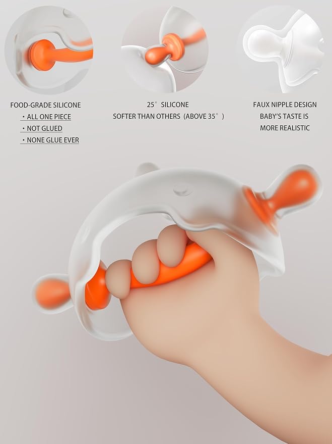 Baby Chew Toy for 6-12 Months – One-Piece Liquid Silicone Teether, No Glue No Gaps, Easy-Grip Dinosaur for On-the-Go Teething Relief, Includes Travel Case(Orange White)