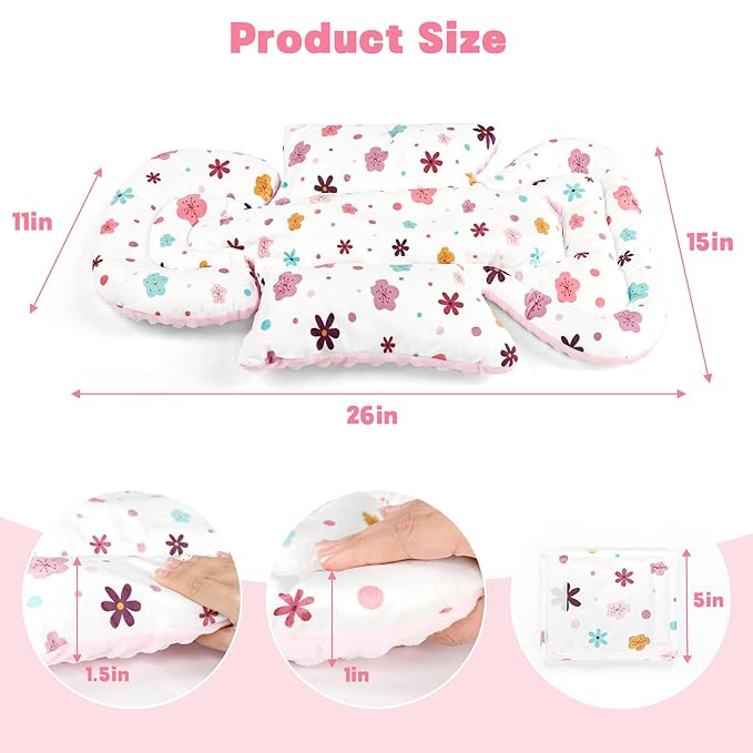 Pea Pod Infant Car Seat Insert with 3 Strap Covers, Reversible Baby Car Seat Head and Body Support, Minky Dot Newborn Carseat Insert for Preemie (Pink Floral)