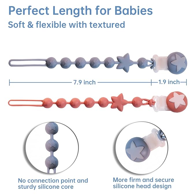 Silicone Baby Pacifier Clips for Boys and Girls, Pack of 2 Flexible Rust-Free Pacifier Holder Clip with One-Piece Design, Paci Binky Clips (Terracotta+Azure)