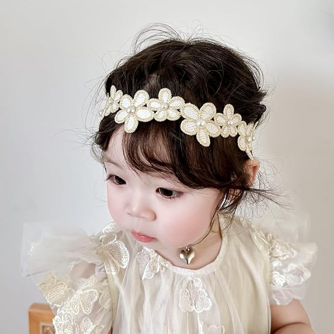 Baby Girl Gold Flower Lace Headband Toddler Elastic Floral Hair Band Newborn Infant Soft Lace Baptism Christening Hair Accessories for Birthday Party (Gold A, Standard size)