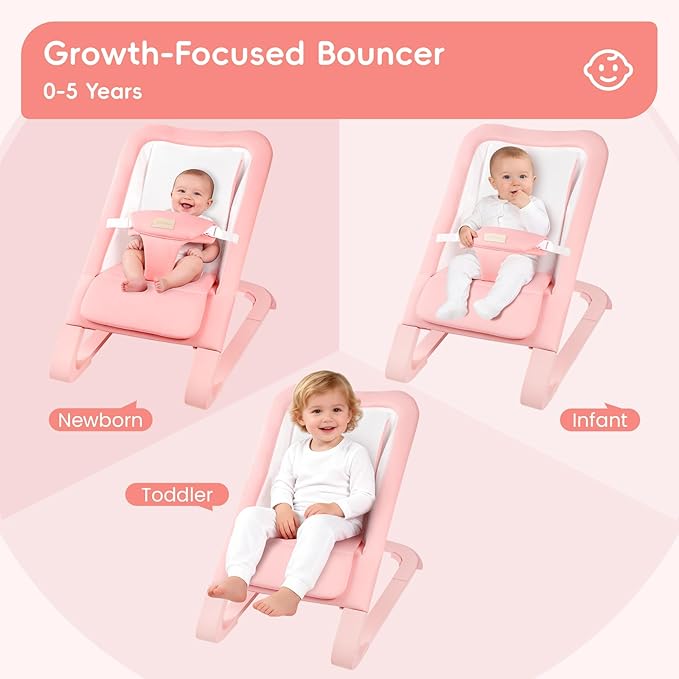 Baby Bouncer for Newborns 0-12 Months: 0-5 Years Portable Infant Girl Bouncer Seat Chair in Pink with Adjustable Recline & 3-Point Harness, Supports Up to 60 lbs