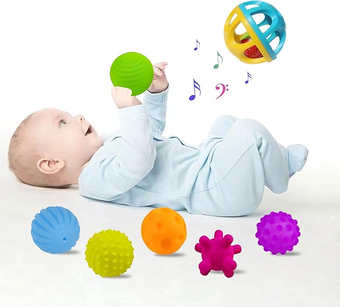 Sensory Balls for Baby Rattle Ball Toys, Massage Stress Relief Textured Multi Balls, Infant Teething Ball Sensory Toys for Babies, 7 Pieces